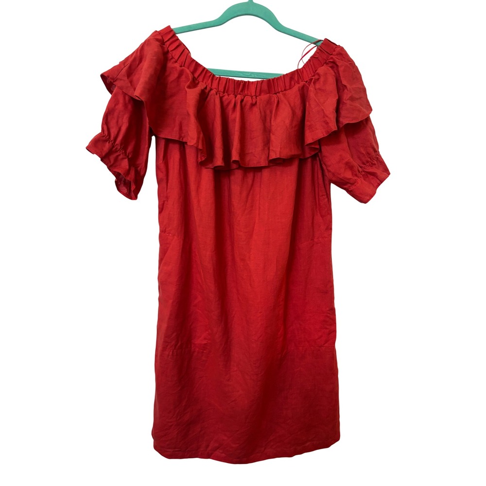 Lucy & Laurel Red 100% Linen Off Shoulder Ruffle Mini Dress with Pockets Large